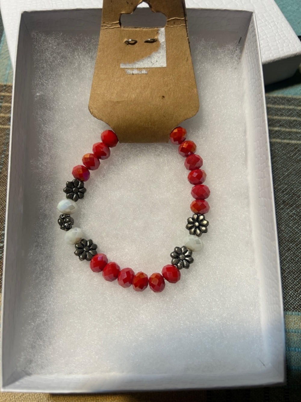Red Beaded Stretch Bracelet with Floral Accent